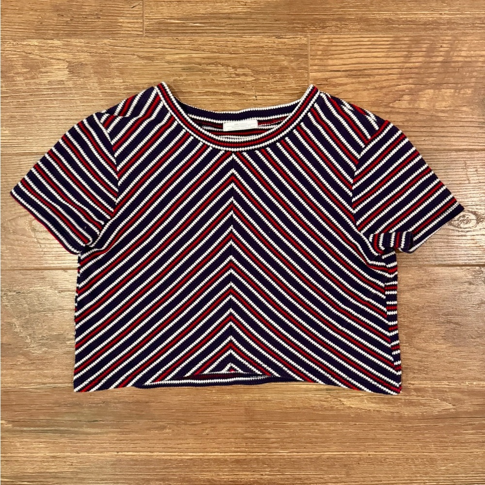 Zara Trafaluc Striped Navy Red and White Cropped Top